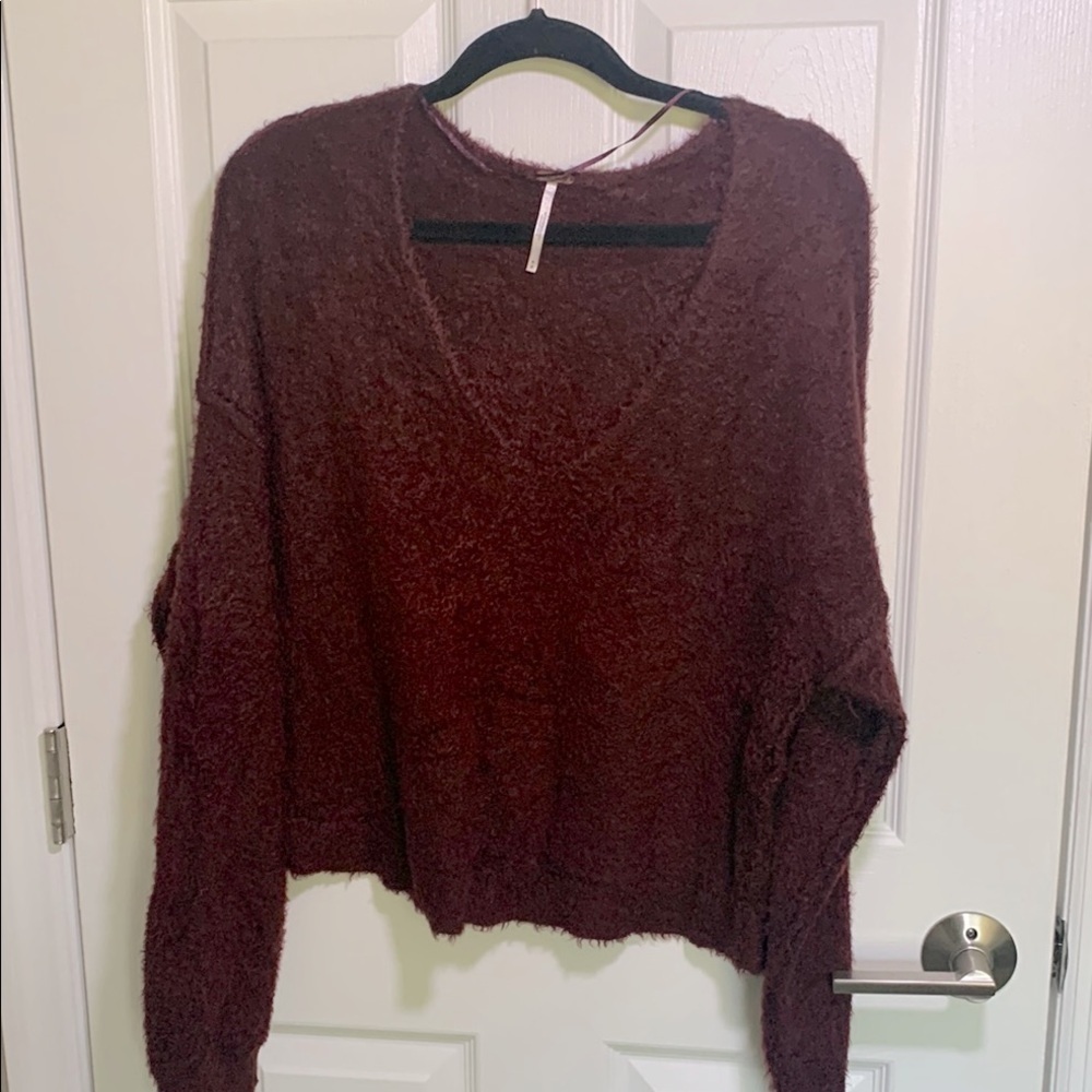 Free People oversized medium fuzzy maroon/ burgundy v neck sweater. Super soft